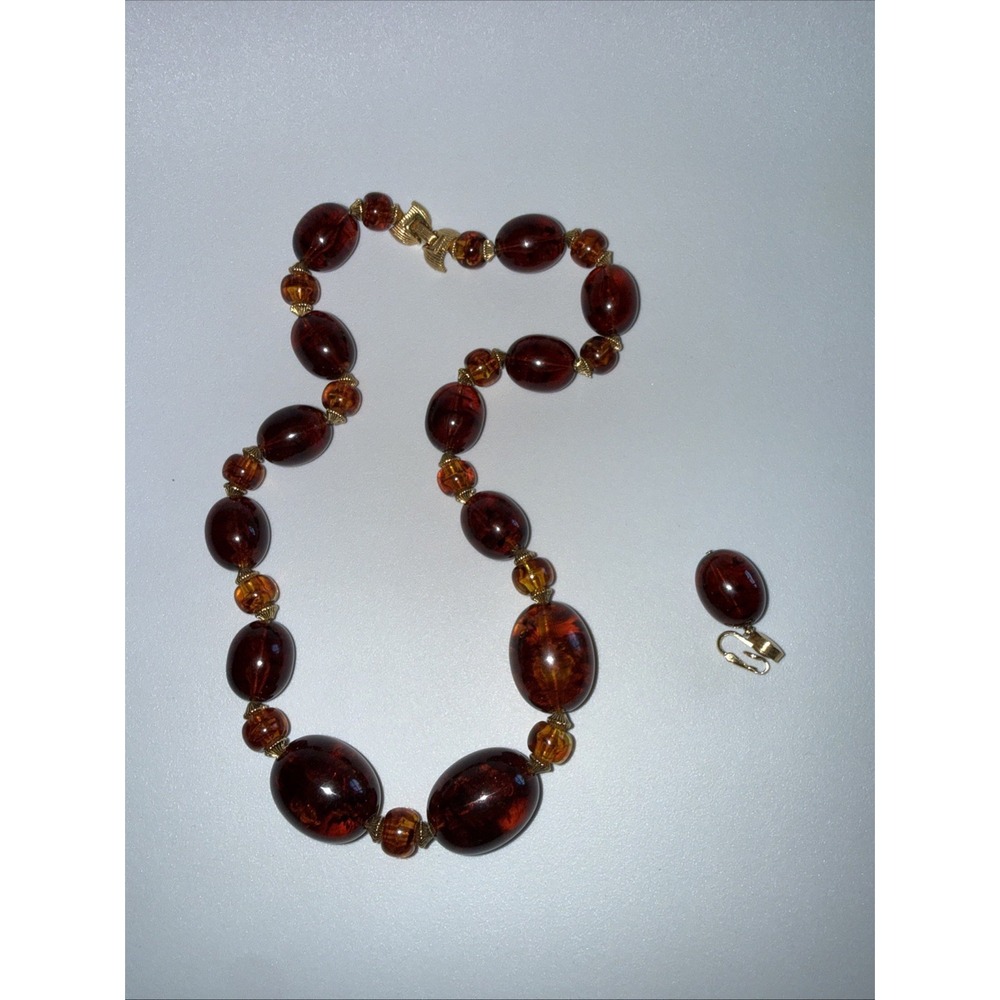 Vintage Trifari Necklace Amber Lucite Beaded MCM 24" & One Earring